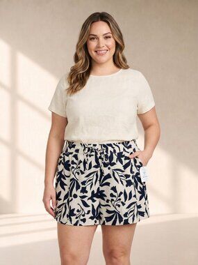 NWT Time and Tru Plus Size 22 Linen Blend Shorts Dark Navy Botanical